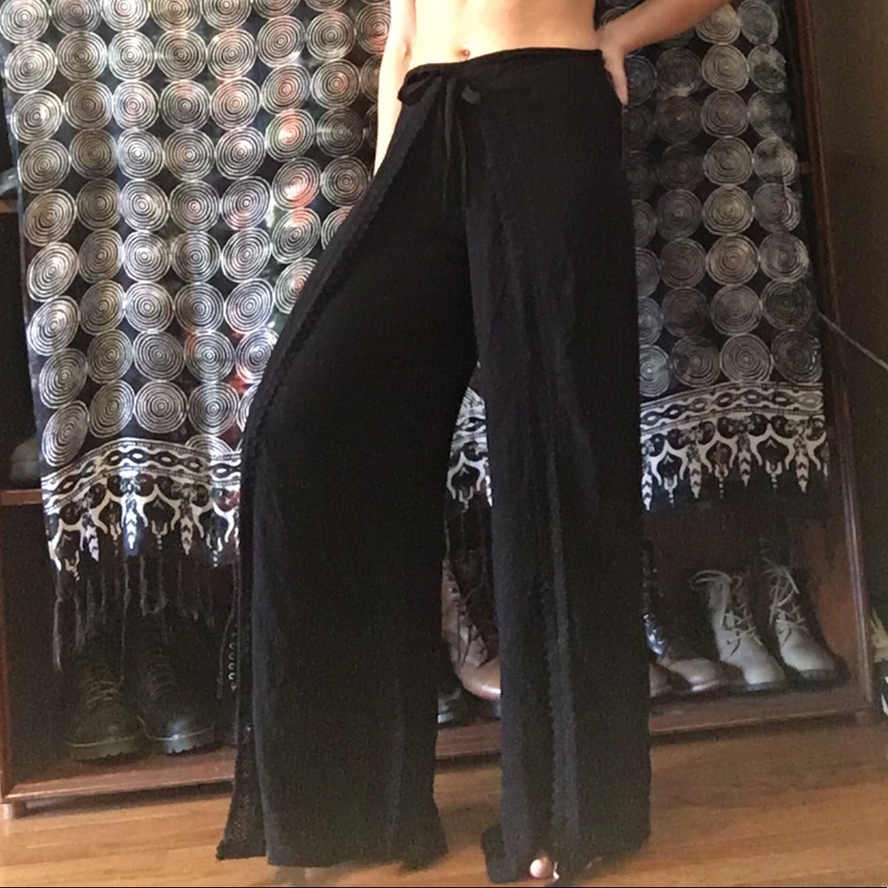 Black crochet trim pants